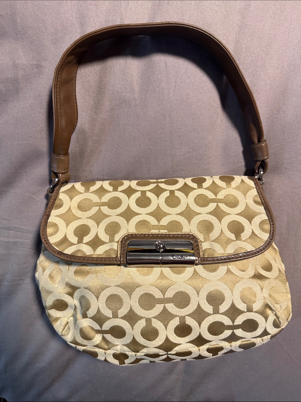Coach Light Gold/brown Signature Shoulder Bag with Brown Trim, silver hardware